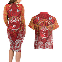 Tonga King's Birthday Couples Matching Long Sleeve Bodycon Dress and Hawaiian Shirt Gold Royal Crown Tribal Patterns DT05 - Polynesian Pride