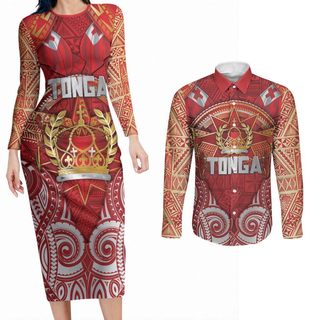 Tonga King's Birthday Couples Matching Long Sleeve Bodycon Dress and Long Sleeve Button Shirt Gold Royal Crown Tribal Patterns DT05 Red - Polynesian Pride