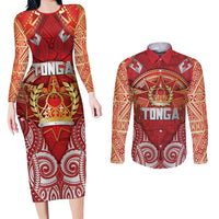 Tonga King's Birthday Couples Matching Long Sleeve Bodycon Dress and Long Sleeve Button Shirt Gold Royal Crown Tribal Patterns DT05 Red - Polynesian Pride