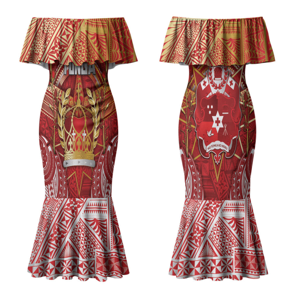 Tonga King's Birthday Couples Matching Mermaid Dress and Hawaiian Shirt Gold Royal Crown Tribal Patterns DT05 - Polynesian Pride