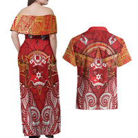 Tonga King's Birthday Couples Matching Off Shoulder Maxi Dress and Hawaiian Shirt Gold Royal Crown Tribal Patterns DT05 - Polynesian Pride