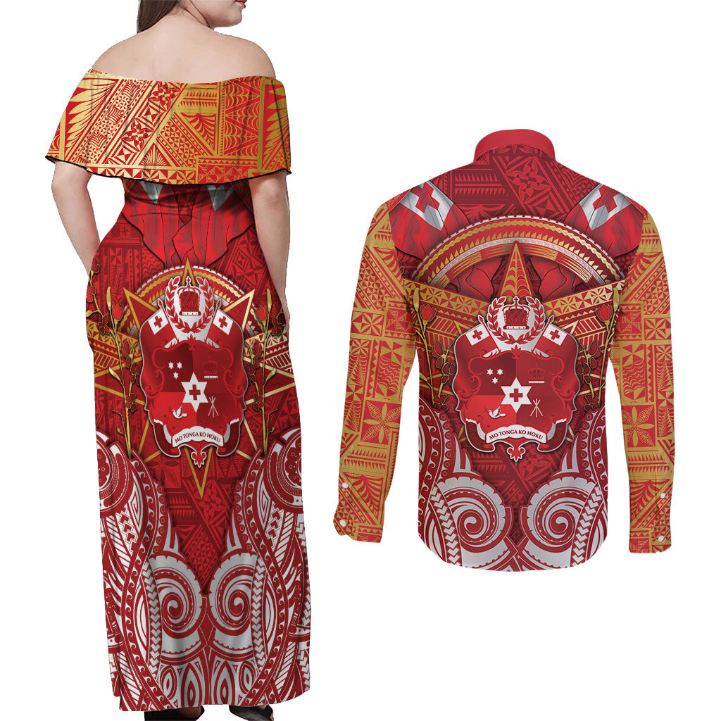 Tonga King's Birthday Couples Matching Off Shoulder Maxi Dress and Long Sleeve Button Shirt Gold Royal Crown Tribal Patterns DT05 - Polynesian Pride