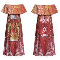 Tonga King's Birthday Couples Matching Off Shoulder Maxi Dress and Long Sleeve Button Shirt Gold Royal Crown Tribal Patterns DT05 - Polynesian Pride