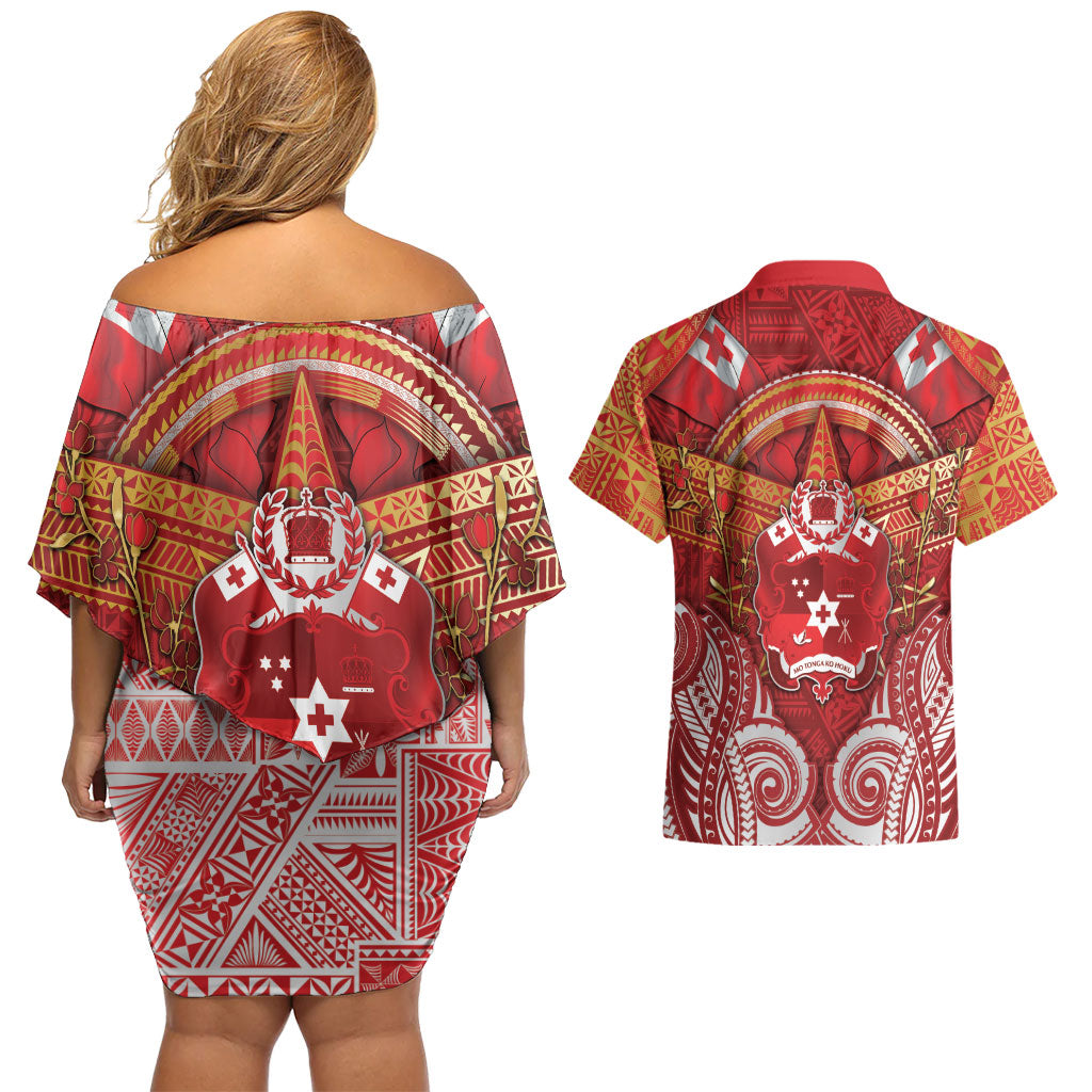 Tonga King's Birthday Couples Matching Off Shoulder Short Dress and Hawaiian Shirt Gold Royal Crown Tribal Patterns DT05 - Polynesian Pride
