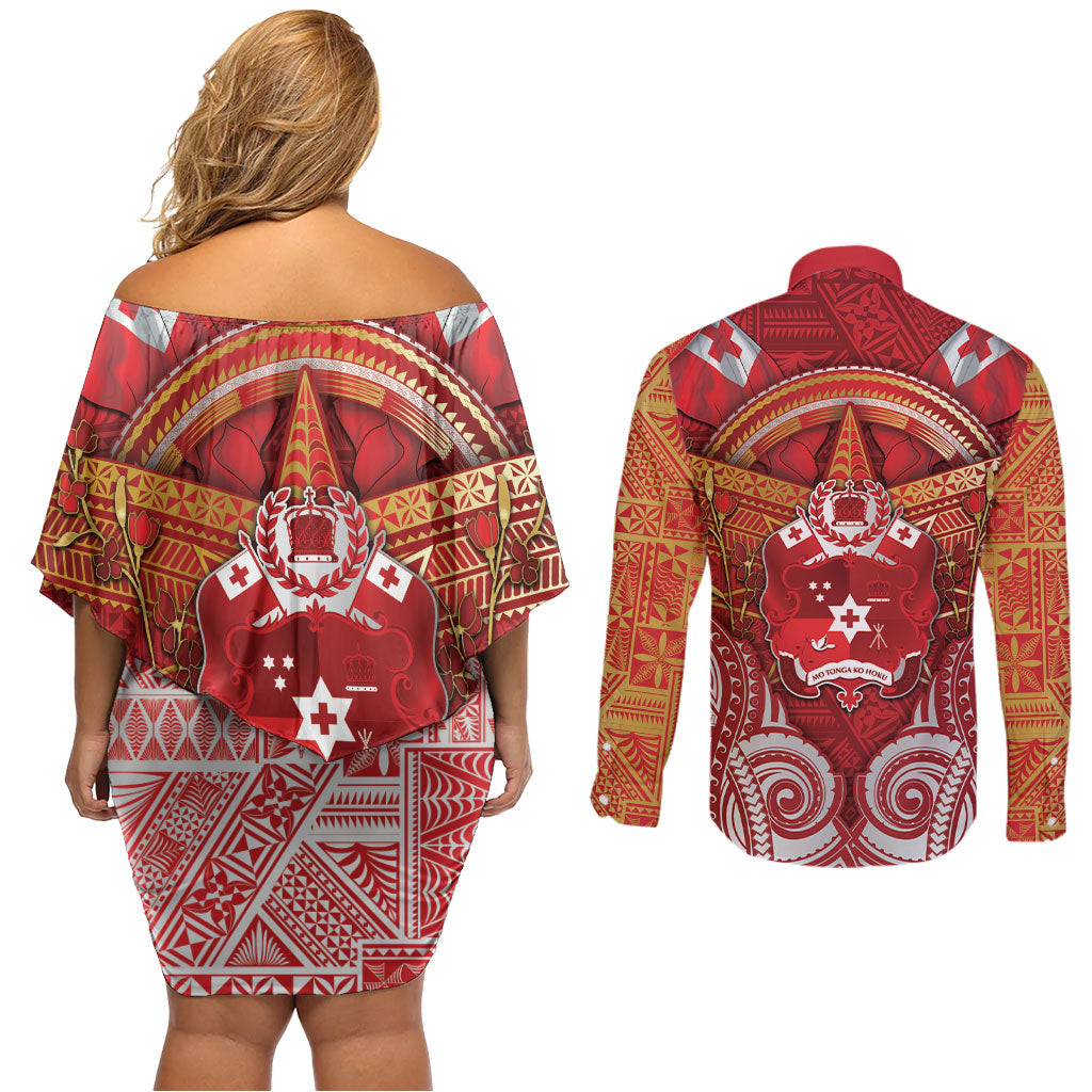 Tonga King's Birthday Couples Matching Off Shoulder Short Dress and Long Sleeve Button Shirt Gold Royal Crown Tribal Patterns DT05 - Polynesian Pride