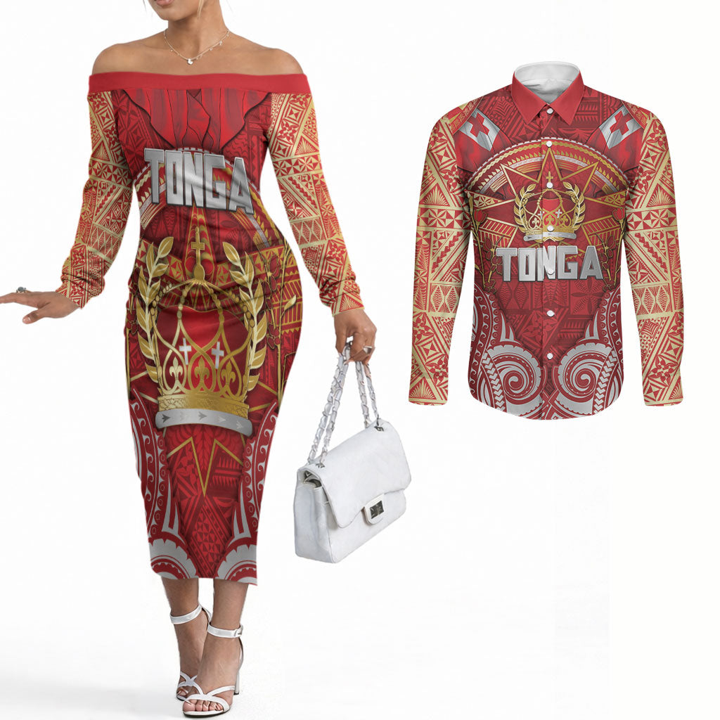 Tonga King's Birthday Couples Matching Off The Shoulder Long Sleeve Dress and Long Sleeve Button Shirt Gold Royal Crown Tribal Patterns DT05 Red - Polynesian Pride