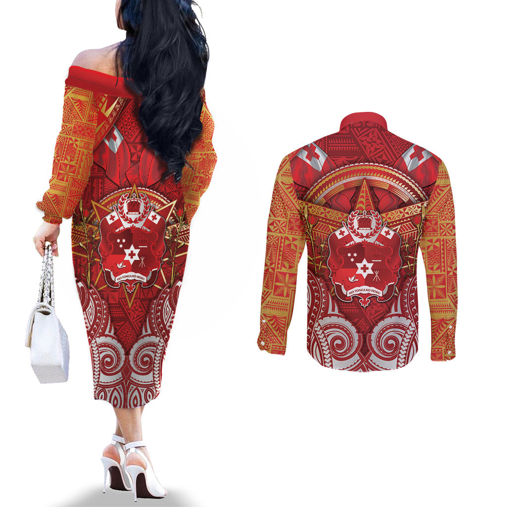 Tonga King's Birthday Couples Matching Off The Shoulder Long Sleeve Dress and Long Sleeve Button Shirt Gold Royal Crown Tribal Patterns DT05 - Polynesian Pride