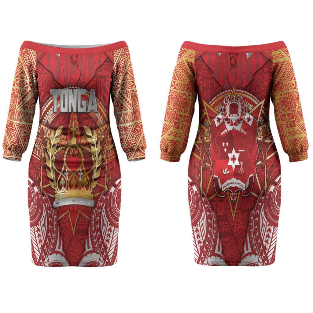 Tonga King's Birthday Couples Matching Off The Shoulder Long Sleeve Dress and Long Sleeve Button Shirt Gold Royal Crown Tribal Patterns DT05 - Polynesian Pride