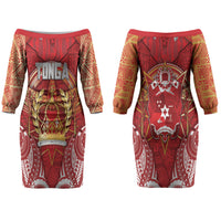 Tonga King's Birthday Couples Matching Off The Shoulder Long Sleeve Dress and Long Sleeve Button Shirt Gold Royal Crown Tribal Patterns DT05 - Polynesian Pride