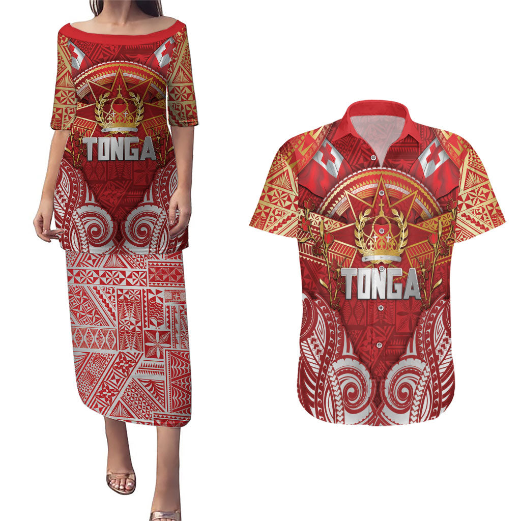 Tonga King's Birthday Couples Matching Puletasi and Hawaiian Shirt Gold Royal Crown Tribal Patterns DT05 Red - Polynesian Pride