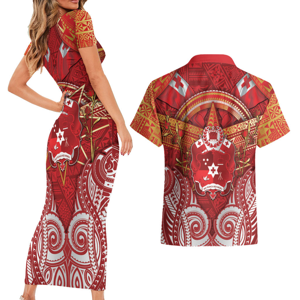 Tonga King's Birthday Couples Matching Short Sleeve Bodycon Dress and Hawaiian Shirt Gold Royal Crown Tribal Patterns DT05 - Polynesian Pride