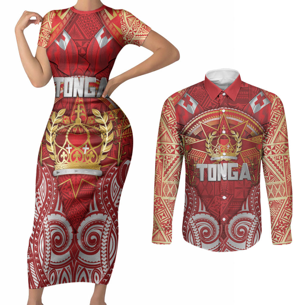 Tonga King's Birthday Couples Matching Short Sleeve Bodycon Dress and Long Sleeve Button Shirt Gold Royal Crown Tribal Patterns DT05 Red - Polynesian Pride