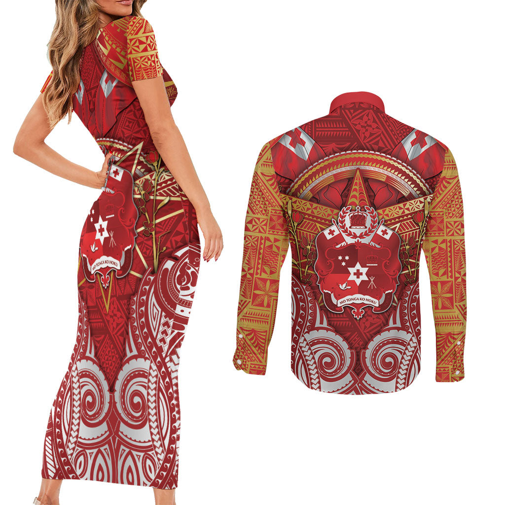 Tonga King's Birthday Couples Matching Short Sleeve Bodycon Dress and Long Sleeve Button Shirt Gold Royal Crown Tribal Patterns DT05 - Polynesian Pride