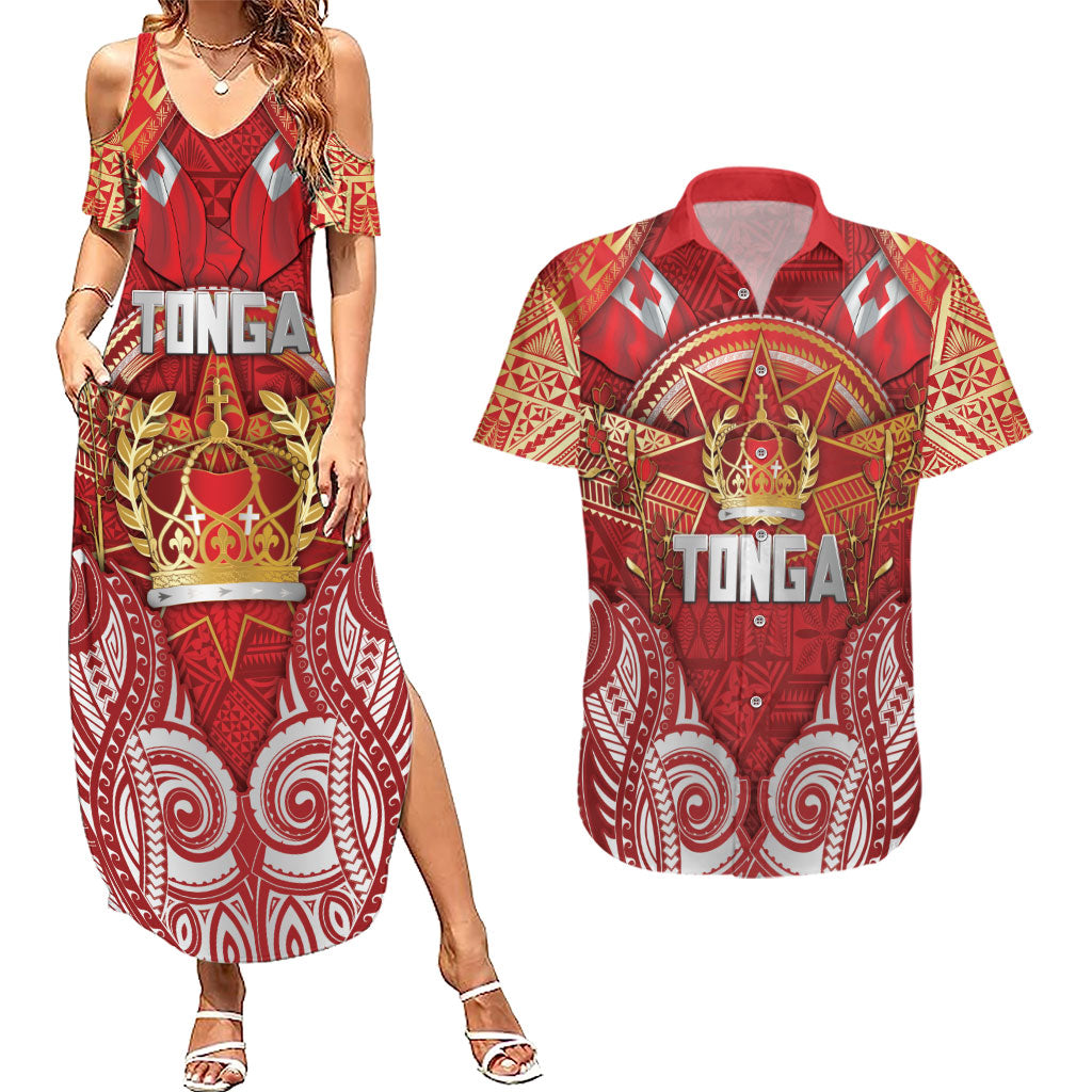 Tonga King's Birthday Couples Matching Summer Maxi Dress and Hawaiian Shirt Gold Royal Crown Tribal Patterns DT05 Red - Polynesian Pride