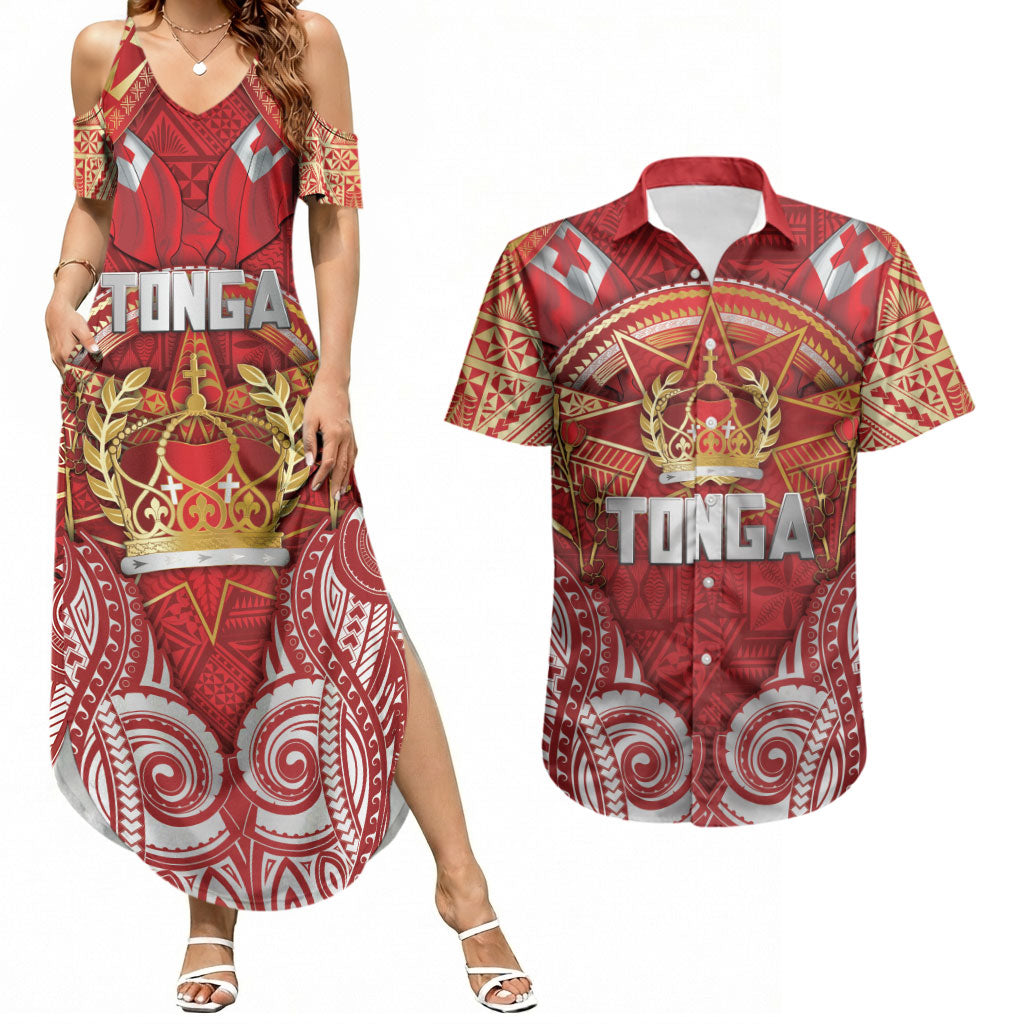 Tonga King's Birthday Couples Matching Summer Maxi Dress and Hawaiian Shirt Gold Royal Crown Tribal Patterns DT05 Red - Polynesian Pride