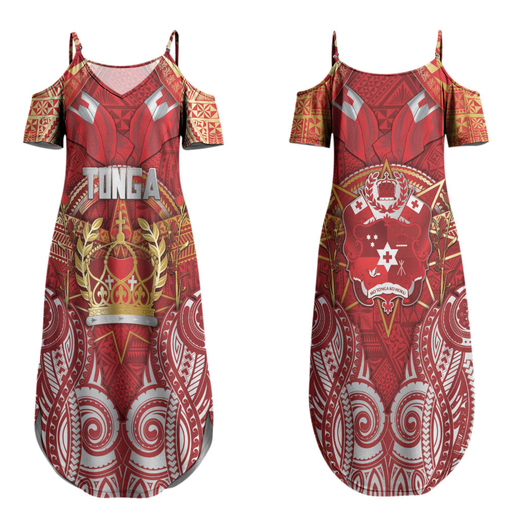 Tonga King's Birthday Couples Matching Summer Maxi Dress and Hawaiian Shirt Gold Royal Crown Tribal Patterns DT05 - Polynesian Pride