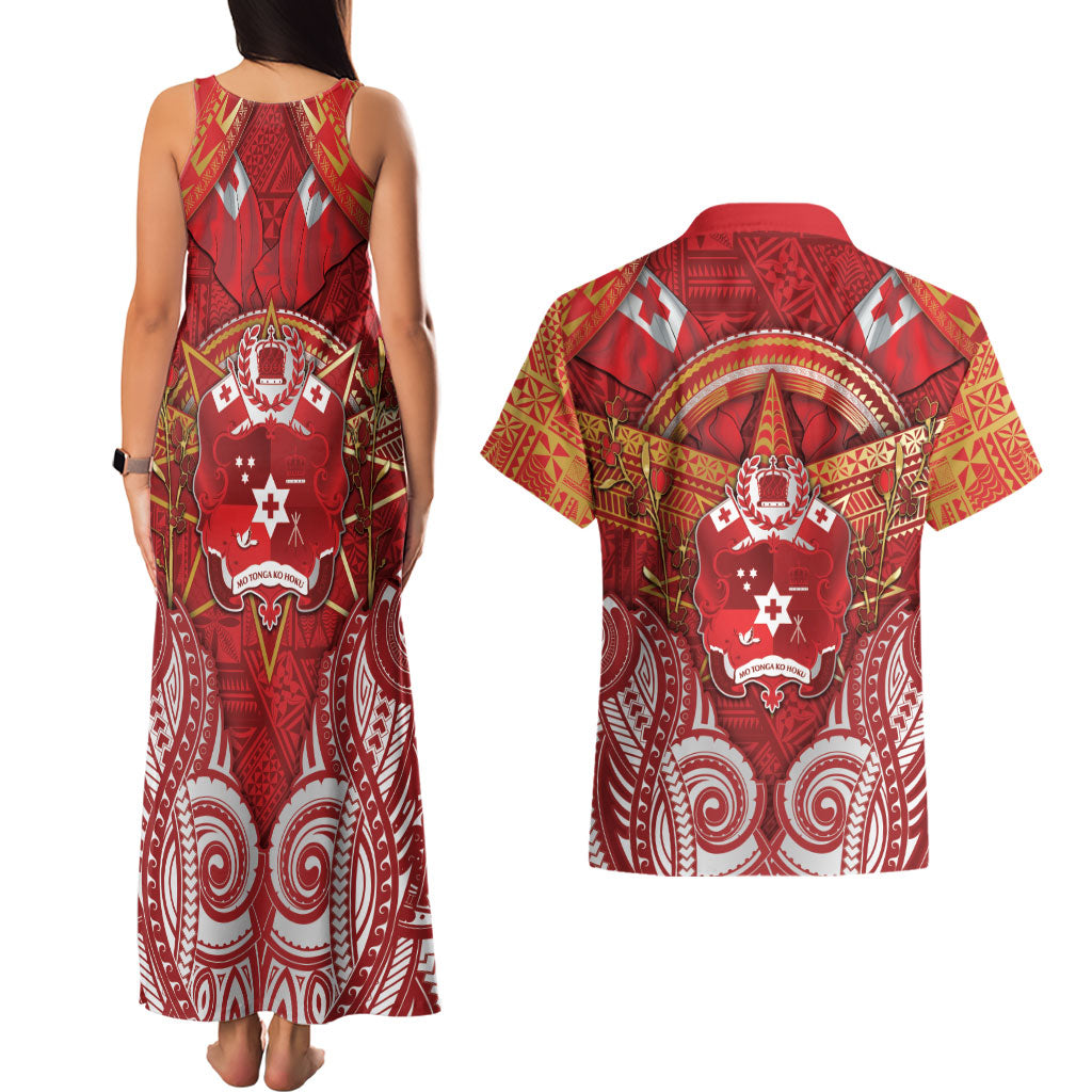 Tonga King's Birthday Couples Matching Tank Maxi Dress and Hawaiian Shirt Gold Royal Crown Tribal Patterns DT05 - Polynesian Pride