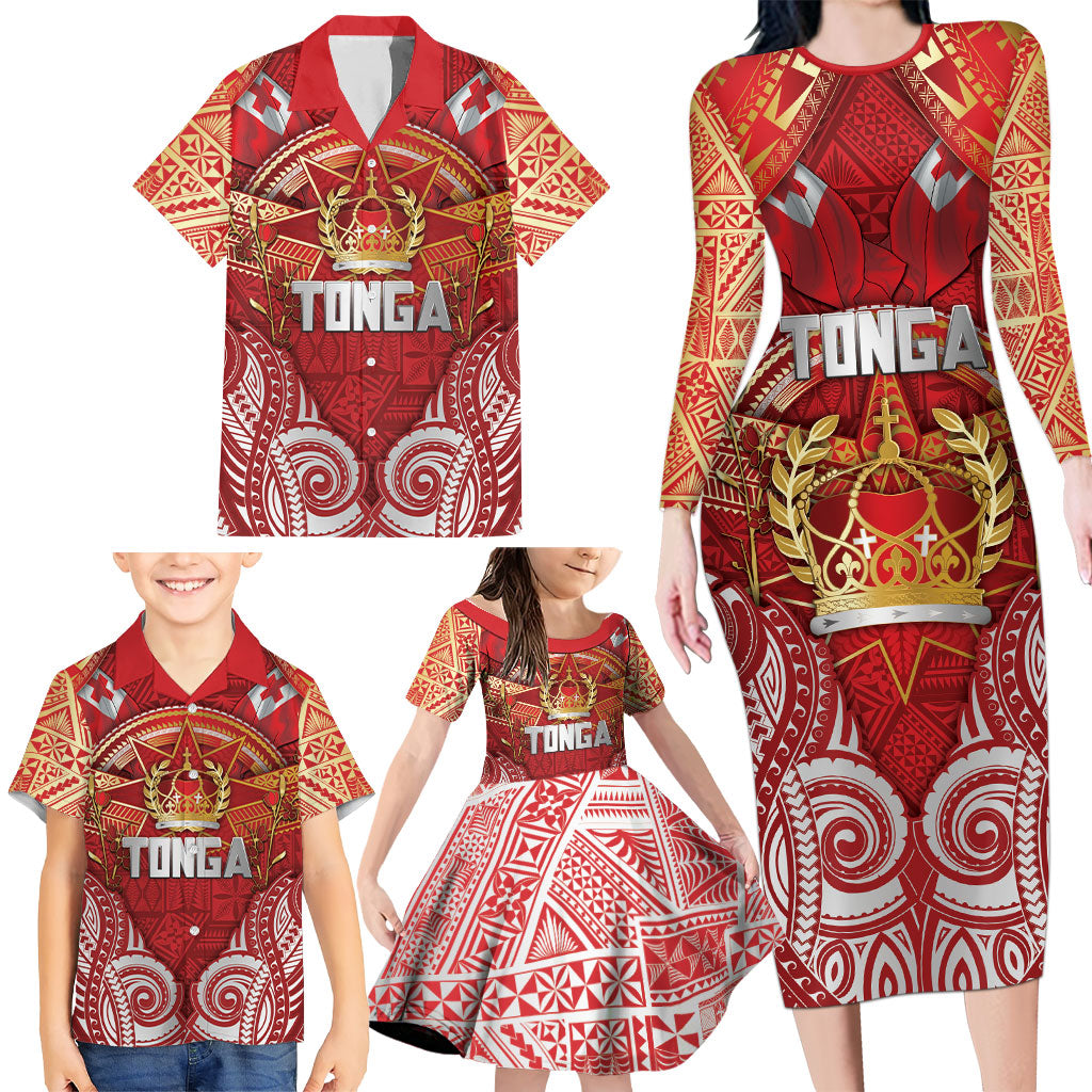 Tonga King's Birthday Family Matching Long Sleeve Bodycon Dress and Hawaiian Shirt Gold Royal Crown Tribal Patterns DT05 - Polynesian Pride