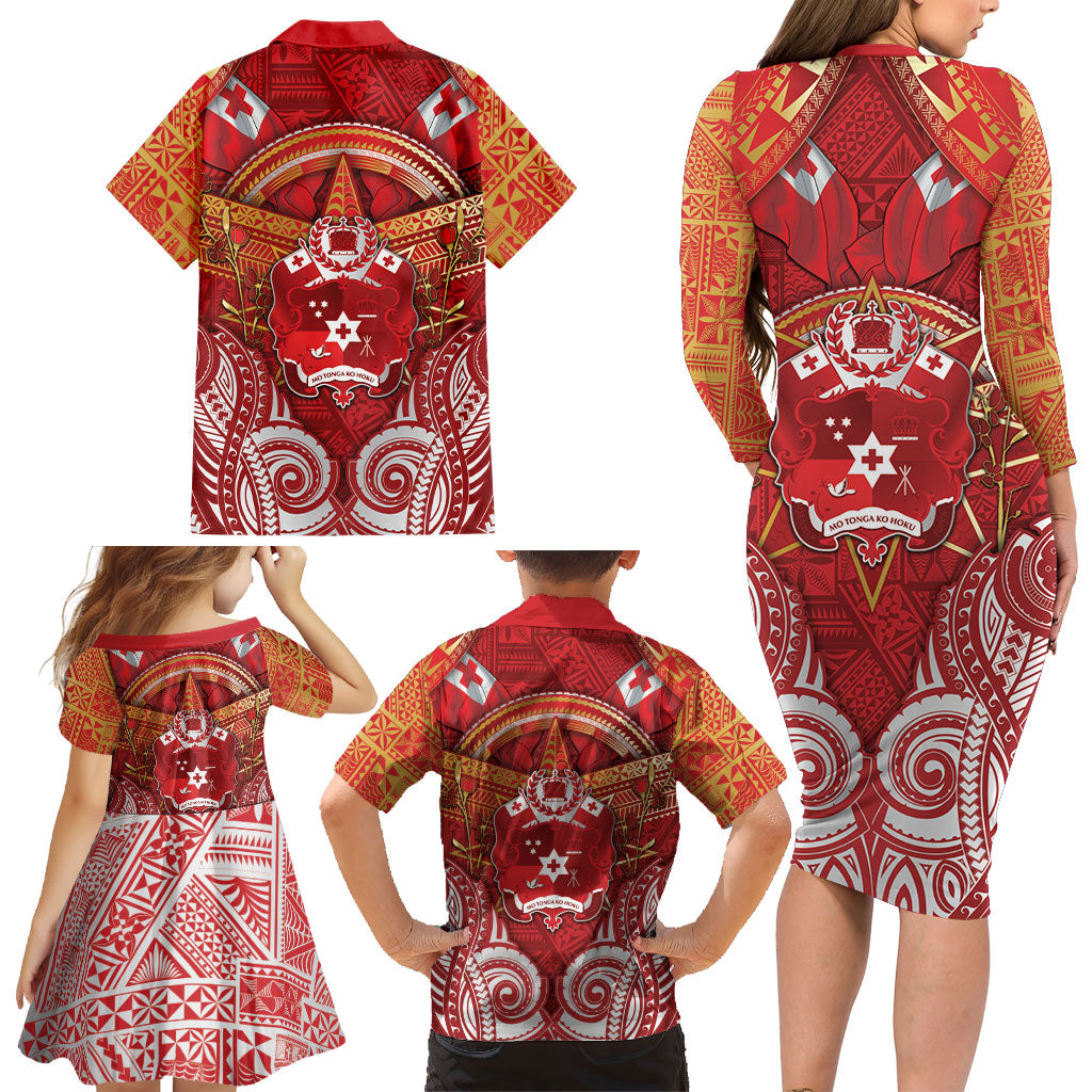 Tonga King's Birthday Family Matching Long Sleeve Bodycon Dress and Hawaiian Shirt Gold Royal Crown Tribal Patterns DT05 - Polynesian Pride