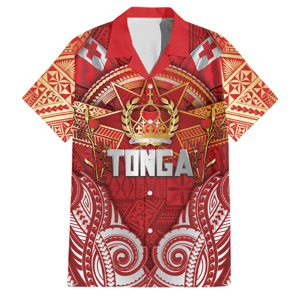 Tonga King's Birthday Family Matching Mermaid Dress and Hawaiian Shirt Gold Royal Crown Tribal Patterns DT05 Dad's Shirt - Short Sleeve Red - Polynesian Pride