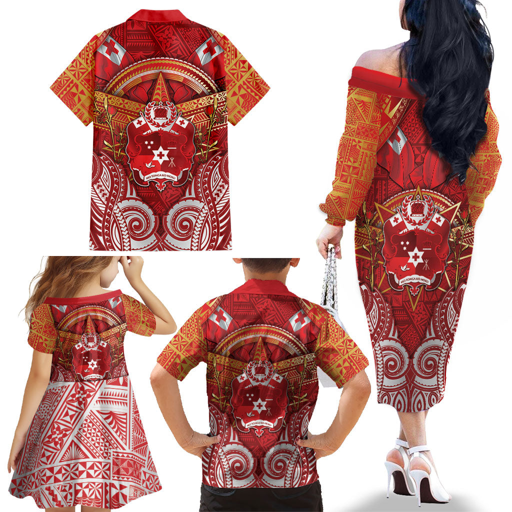 Tonga King's Birthday Family Matching Off The Shoulder Long Sleeve Dress and Hawaiian Shirt Gold Royal Crown Tribal Patterns DT05 - Polynesian Pride