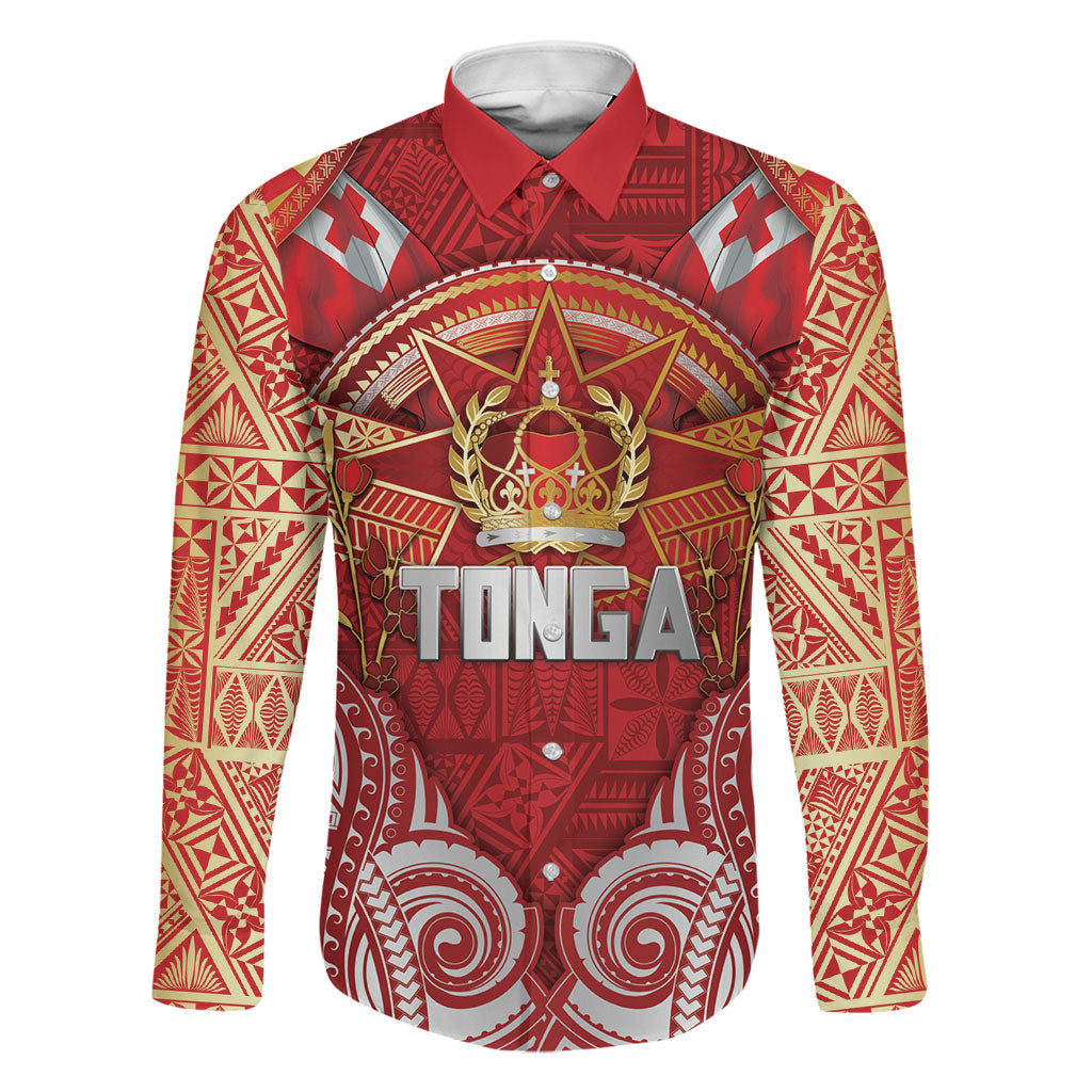 Tonga King's Birthday Family Matching Off The Shoulder Long Sleeve Dress and Hawaiian Shirt Gold Royal Crown Tribal Patterns DT05 Dad's Shirt - Long Sleeve Red - Polynesian Pride