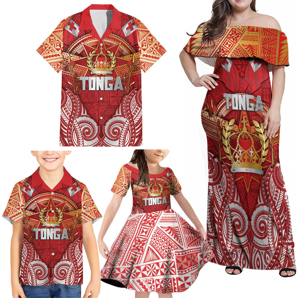 Tonga King's Birthday Family Matching Off Shoulder Maxi Dress and Hawaiian Shirt Gold Royal Crown Tribal Patterns DT05 - Polynesian Pride