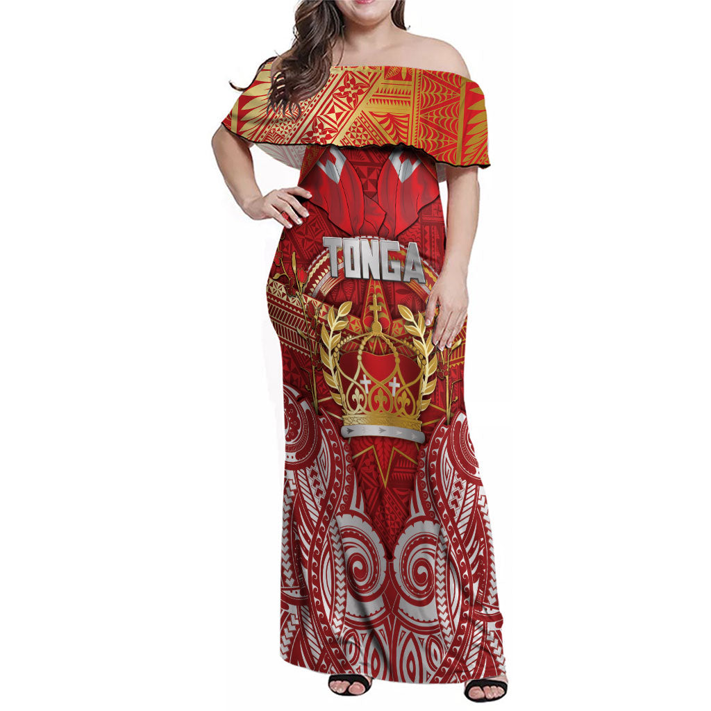 Tonga King's Birthday Family Matching Off Shoulder Maxi Dress and Hawaiian Shirt Gold Royal Crown Tribal Patterns DT05 Mom's Dress Red - Polynesian Pride