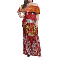 Tonga King's Birthday Family Matching Off Shoulder Maxi Dress and Hawaiian Shirt Gold Royal Crown Tribal Patterns DT05 Mom's Dress Red - Polynesian Pride