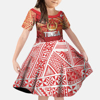 Tonga King's Birthday Family Matching Off Shoulder Short Dress and Hawaiian Shirt Gold Royal Crown Tribal Patterns DT05 Daughter's Dress Red - Polynesian Pride