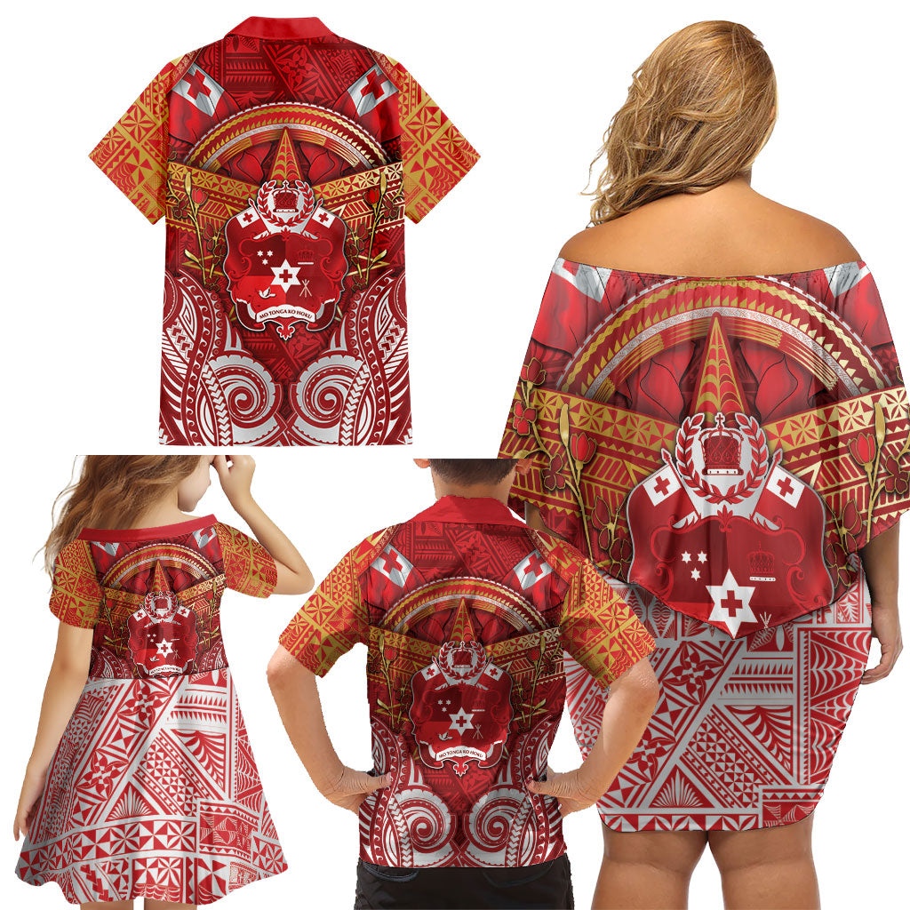 Tonga King's Birthday Family Matching Off Shoulder Short Dress and Hawaiian Shirt Gold Royal Crown Tribal Patterns DT05 - Polynesian Pride