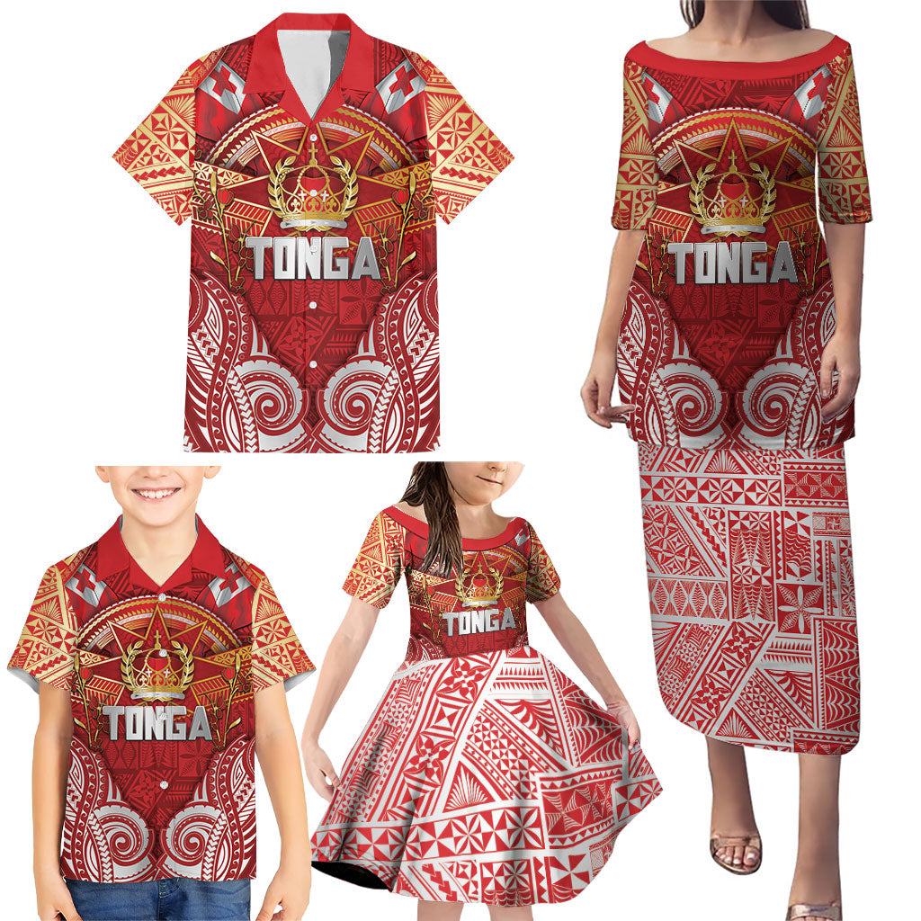 Tonga King's Birthday Family Matching Puletasi and Hawaiian Shirt Gold Royal Crown Tribal Patterns DT05 - Polynesian Pride