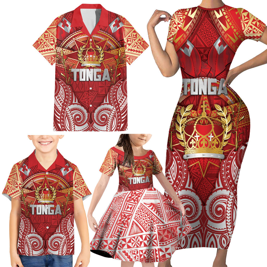 Tonga King's Birthday Family Matching Short Sleeve Bodycon Dress and Hawaiian Shirt Gold Royal Crown Tribal Patterns DT05 - Polynesian Pride