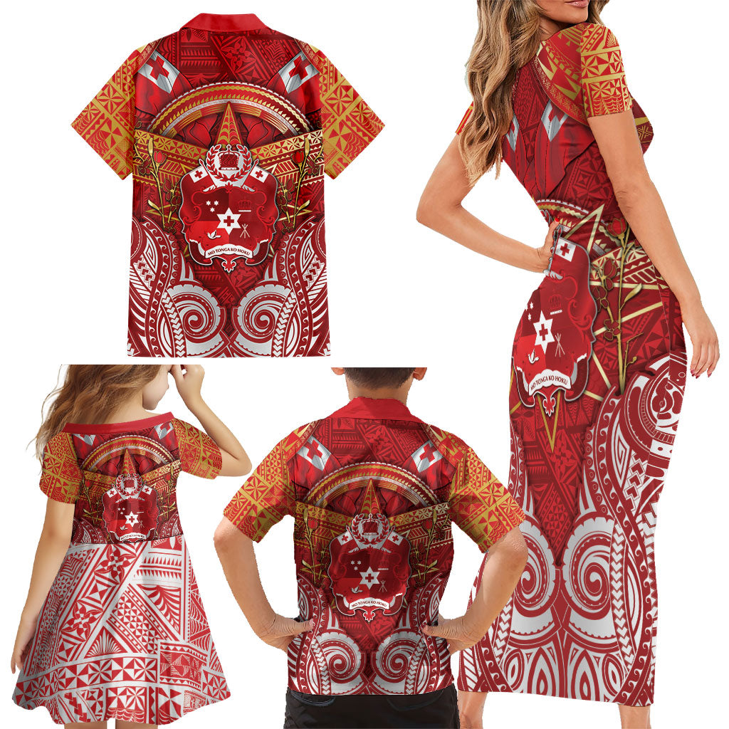 Tonga King's Birthday Family Matching Short Sleeve Bodycon Dress and Hawaiian Shirt Gold Royal Crown Tribal Patterns DT05 - Polynesian Pride