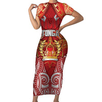 Tonga King's Birthday Family Matching Short Sleeve Bodycon Dress and Hawaiian Shirt Gold Royal Crown Tribal Patterns DT05 Mom's Dress Red - Polynesian Pride