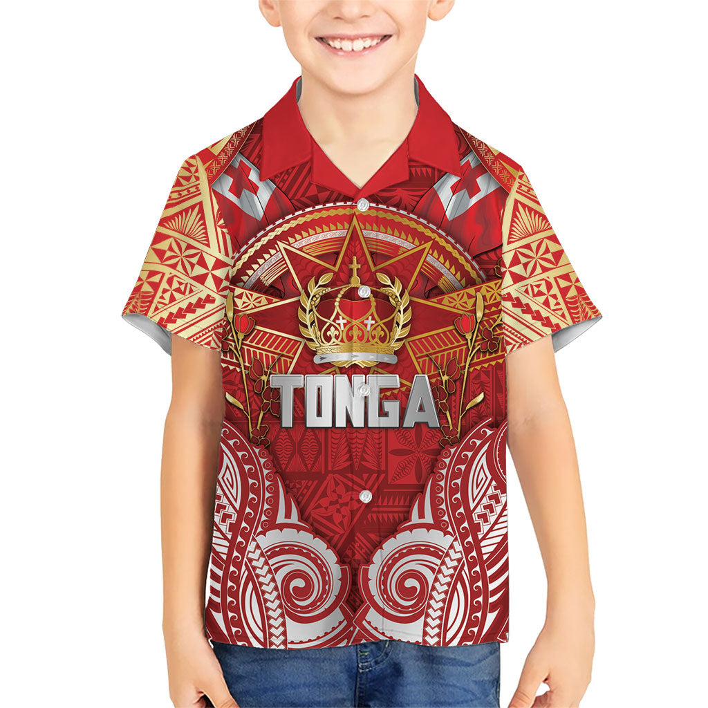 Tonga King's Birthday Family Matching Short Sleeve Bodycon Dress and Hawaiian Shirt Gold Royal Crown Tribal Patterns DT05 Son's Shirt Red - Polynesian Pride