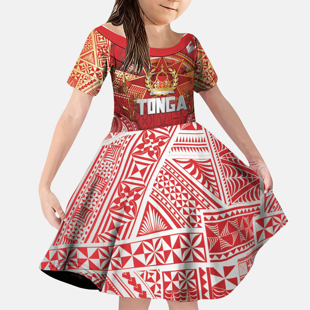 Tonga King's Birthday Family Matching Summer Maxi Dress and Hawaiian Shirt Gold Royal Crown Tribal Patterns DT05 Daughter's Dress Red - Polynesian Pride
