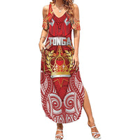 Tonga King's Birthday Family Matching Summer Maxi Dress and Hawaiian Shirt Gold Royal Crown Tribal Patterns DT05 Mom's Dress Red - Polynesian Pride