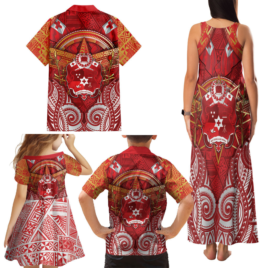 Tonga King's Birthday Family Matching Tank Maxi Dress and Hawaiian Shirt Gold Royal Crown Tribal Patterns DT05 - Polynesian Pride