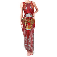 Tonga King's Birthday Family Matching Tank Maxi Dress and Hawaiian Shirt Gold Royal Crown Tribal Patterns DT05 Mom's Dress Red - Polynesian Pride