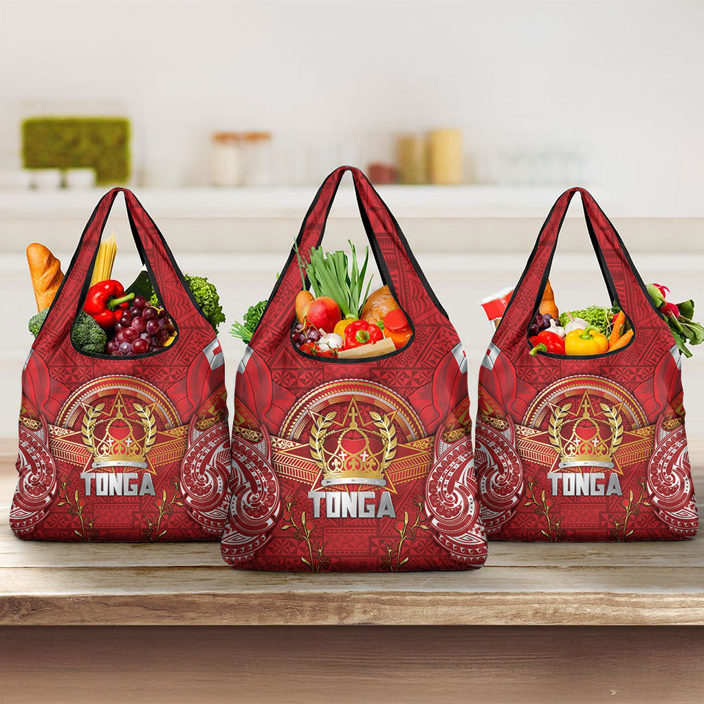 Tonga King's Birthday Grocery Bag Gold Royal Crown Tribal Patterns DT05 3-pack One Size Red - Polynesian Pride