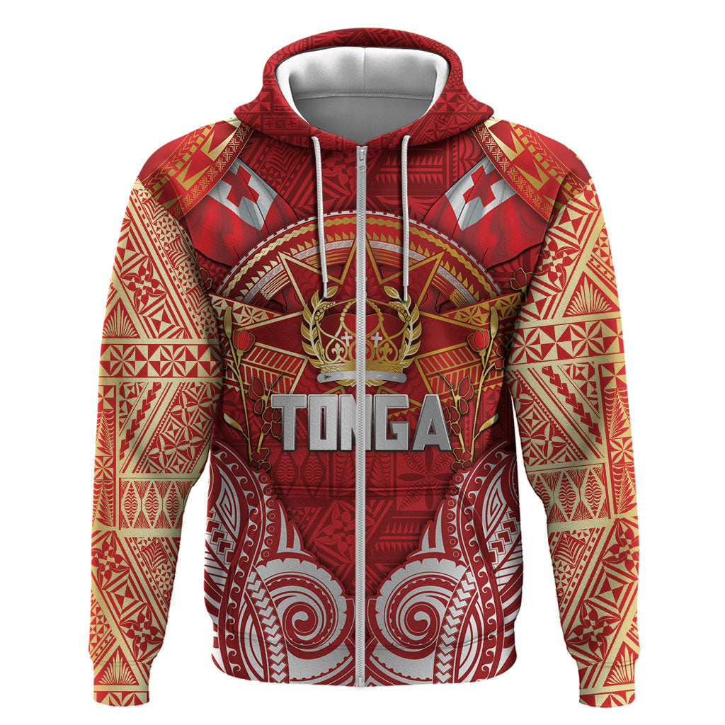 Tonga King's Birthday Hoodie Gold Royal Crown Tribal Patterns DT05 Zip Hoodie Red - Polynesian Pride