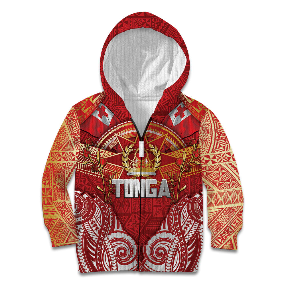 Tonga King's Birthday Kid Hoodie Gold Royal Crown Tribal Patterns DT05 Zip Hoodie Red - Polynesian Pride