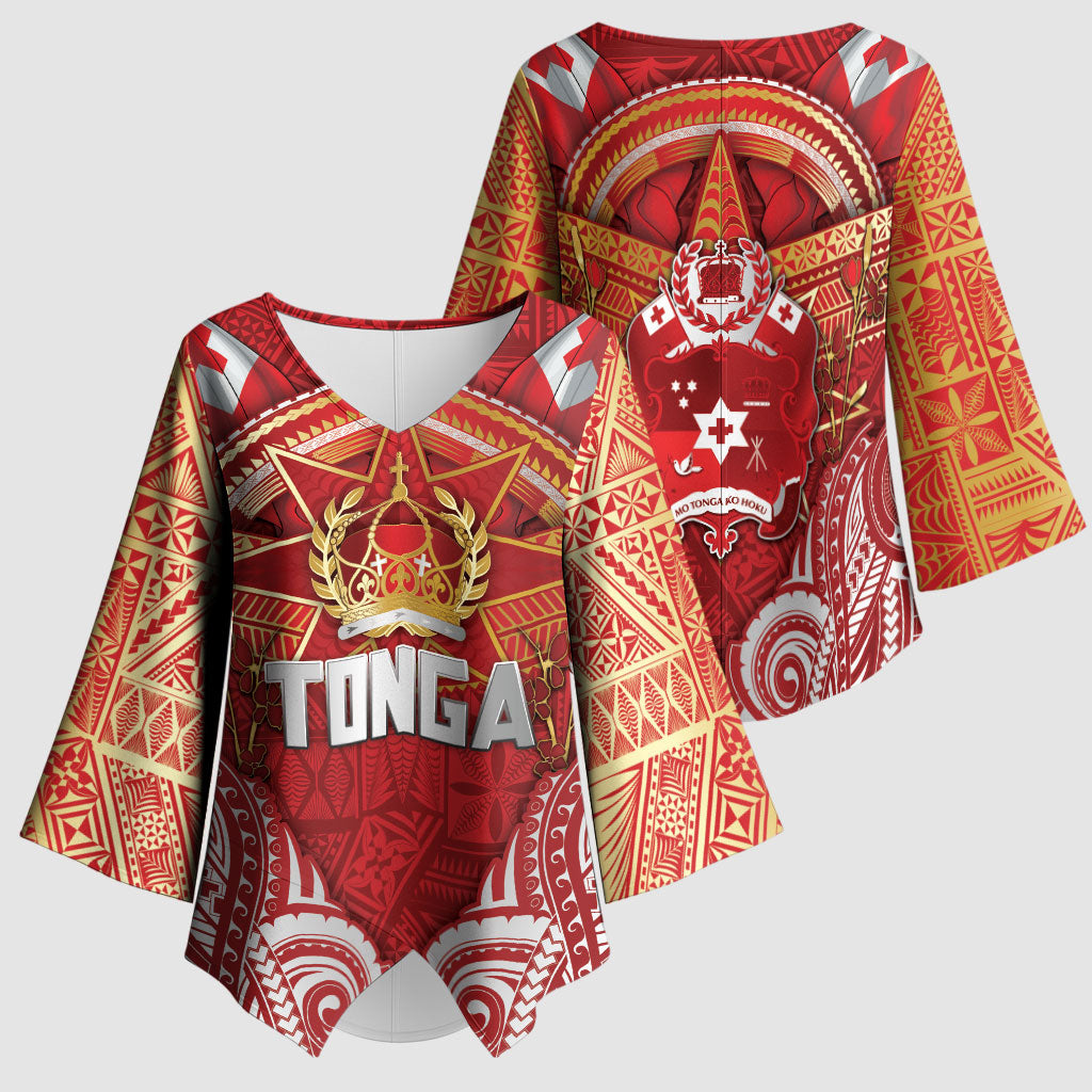 Tonga King's Birthday Kimono Sleeve Blouse Gold Royal Crown Tribal Patterns DT05 - Polynesian Pride