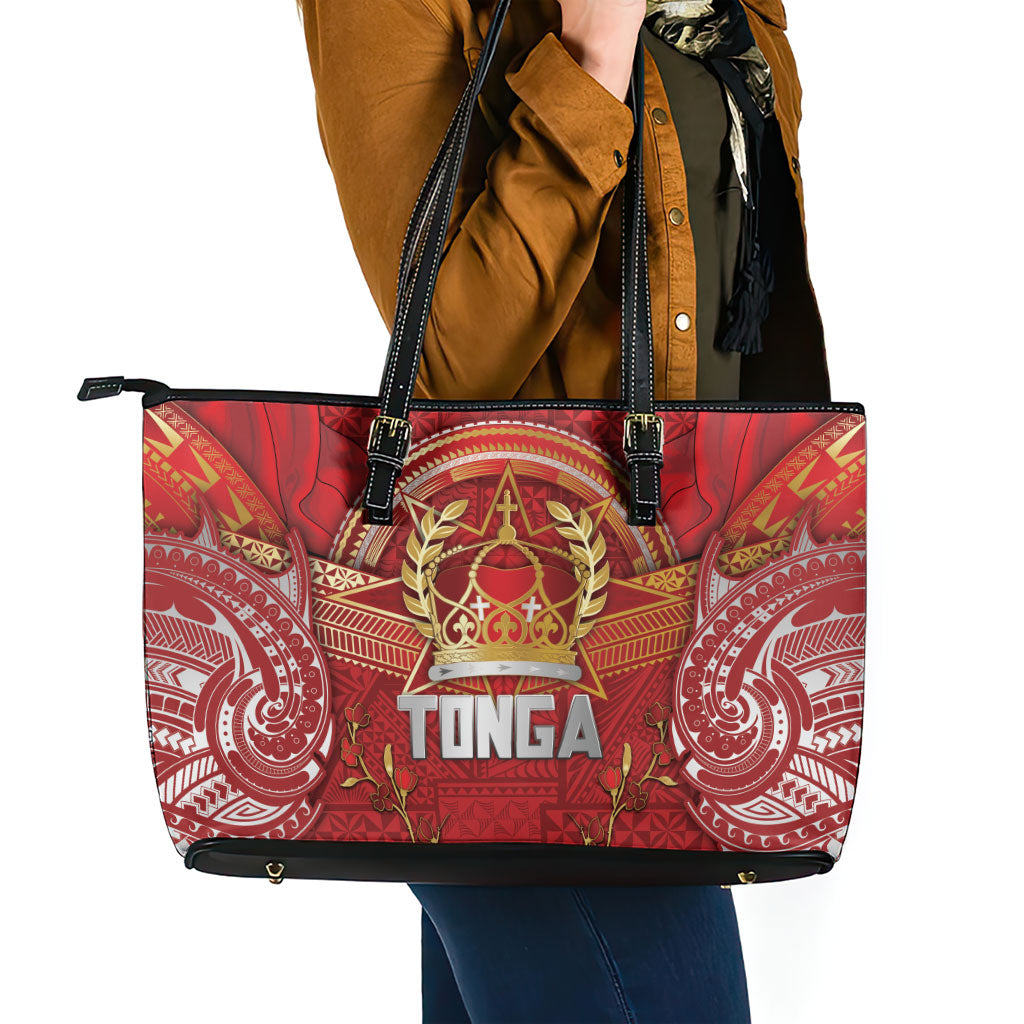 Tonga King's Birthday Leather Tote Bag Gold Royal Crown Tribal Patterns DT05 - Polynesian Pride