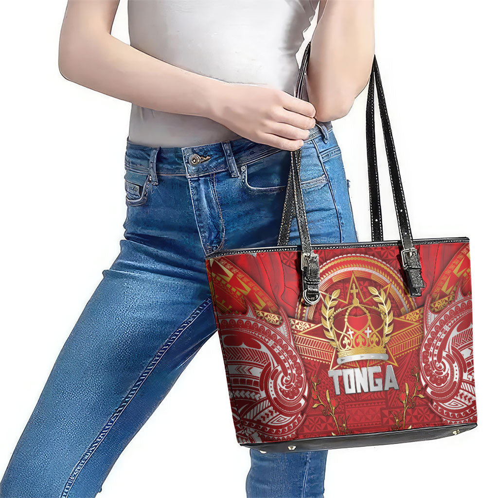 Tonga King's Birthday Leather Tote Bag Gold Royal Crown Tribal Patterns DT05 - Polynesian Pride