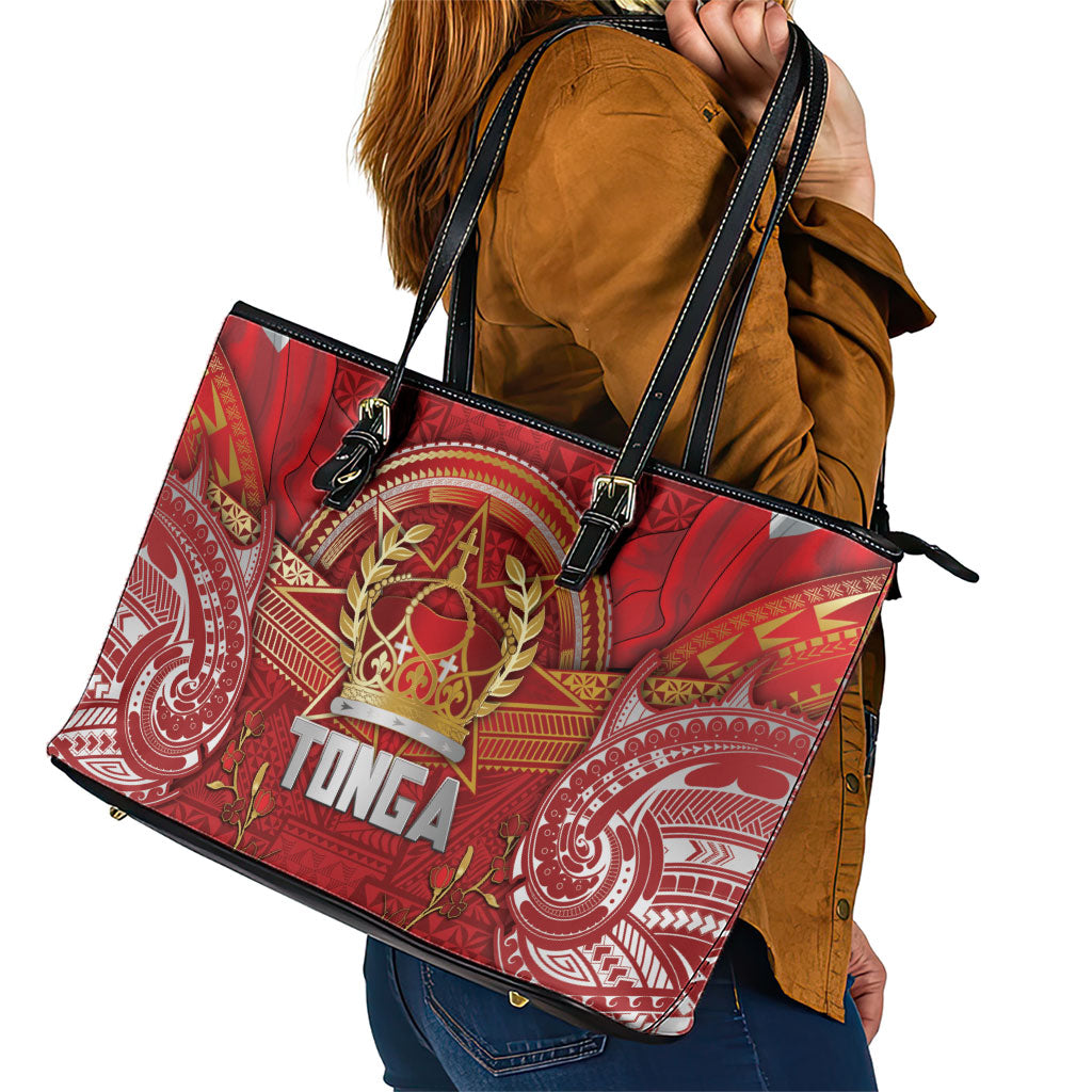 Tonga King's Birthday Leather Tote Bag Gold Royal Crown Tribal Patterns DT05 - Polynesian Pride