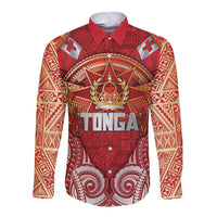 Tonga King's Birthday Long Sleeve Button Shirt Gold Royal Crown Tribal Patterns DT05 Unisex Red - Polynesian Pride