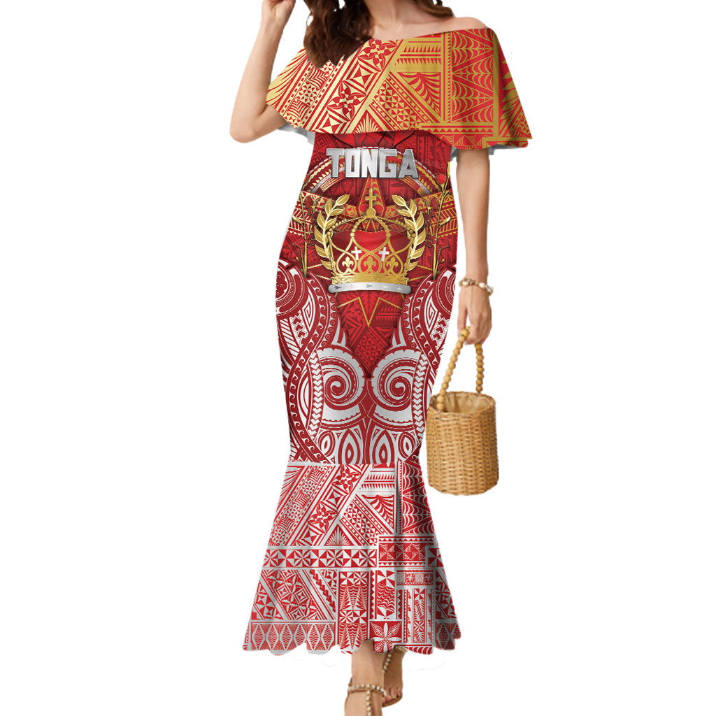 Tonga King's Birthday Mermaid Dress Gold Royal Crown Tribal Patterns DT05 Women Red - Polynesian Pride