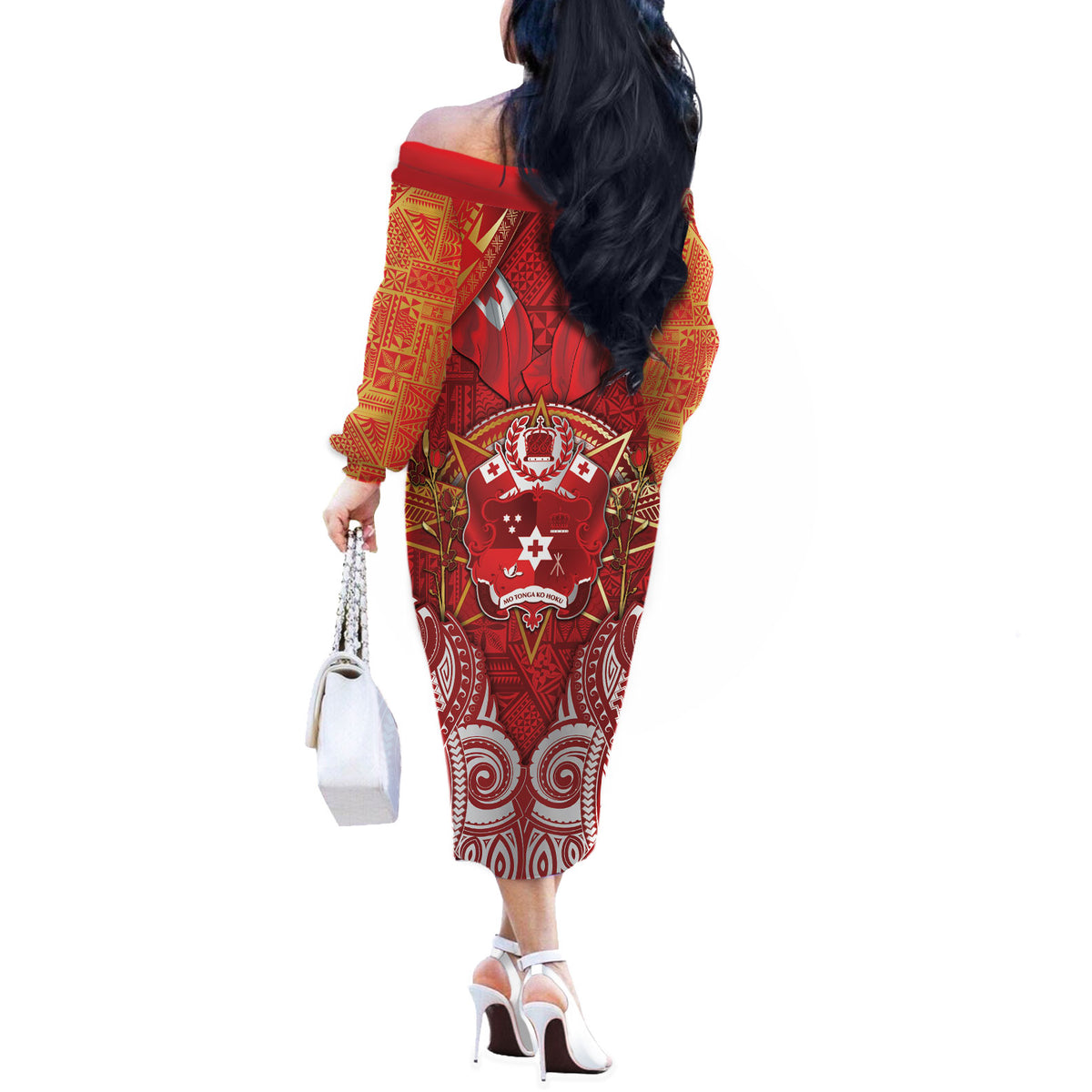 Tonga King's Birthday Off The Shoulder Long Sleeve Dress Gold Royal Crown Tribal Patterns DT05 - Polynesian Pride